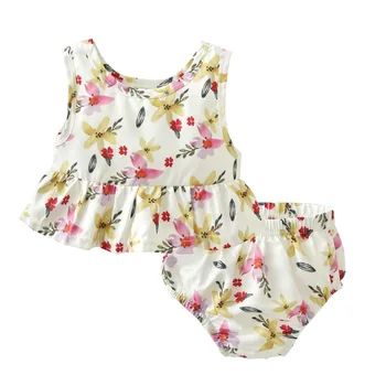 

Children's clothing floral lotus leaf pendulum vest + shorts baby girl 0-2 years old baby Summer Suit
