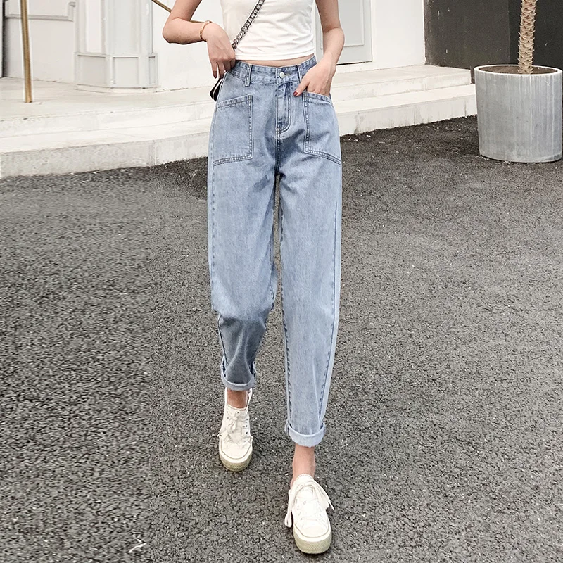 

Loose Vintage Woman Jeans Spring Autumn Bleached Casual Boyfriend Curl Denim Wide Leg Pants High Waist Jean Ankle pants pocket
