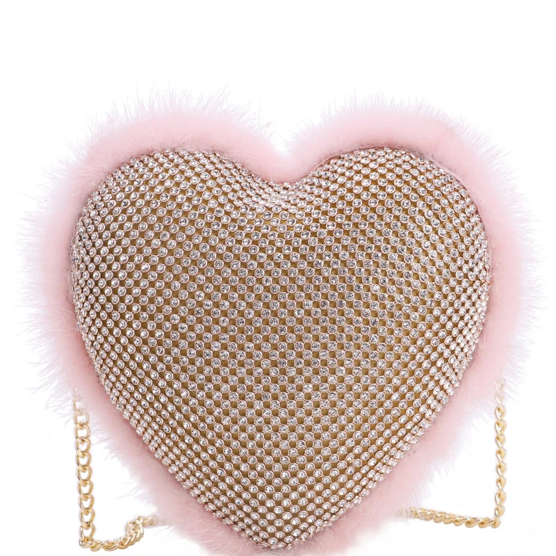 fur evening bag Клатч в форме сердца с кристаллами, стразы, вечерняя сумочка, страусиные меховые перья, дамские вечерние сумочки, дамские свадебные сумочки с бриллиантами - Color: fur evening bag