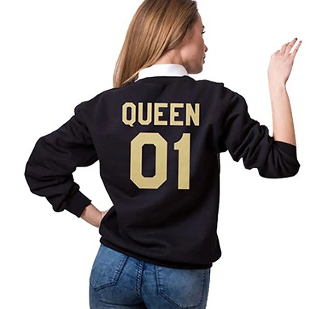 1 Pcs New Casual Hot Selling Popular Style Couple Golden English Letter King Queen Couple Sweatshirts Top For Lovers Polyester