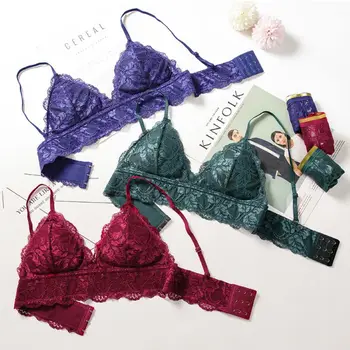 

Women Beauty Back Sexy V Neck Push Up Bra Set Thin Without Steel Rings Thread Floral Lace Bralette Soft Padded Underwear
