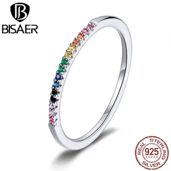 

Colorful Zircon Ring BISAER On Sale 925 Sterling Silver Rainbow Zircon Ring For Women Wedding Bridal Anel Jewelry ECR583