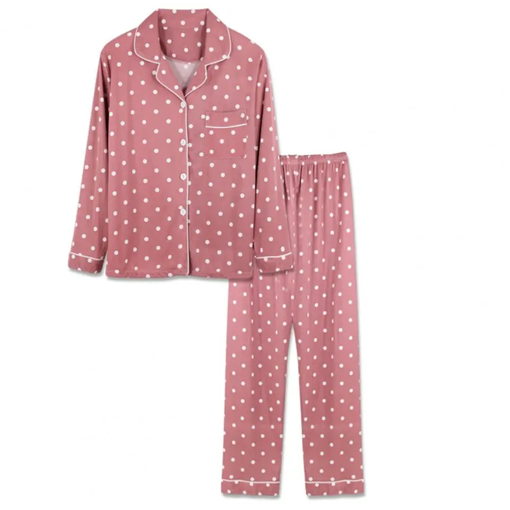 Women Pajamas Set Lapel Elastic Waist Two Piece Dot Print Single-Breasted Blouse Pants for Home Wear Casual