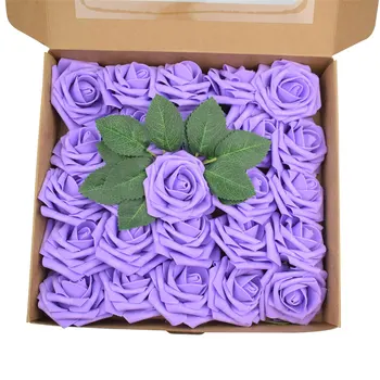 

25Pcs/Box Artificial Roses Flowers with Stem Leaves Foam Fake Roses for Valentines Day Craft Wedding Party Supplies