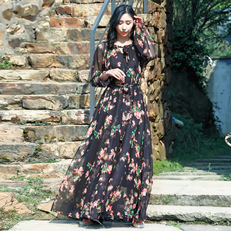 Vestido largo de manga larga con estampado Floral para mujer, largo de de pasarela para cintura holgada, elegante para fiesta, vacaciones y playa|Vestidos| -