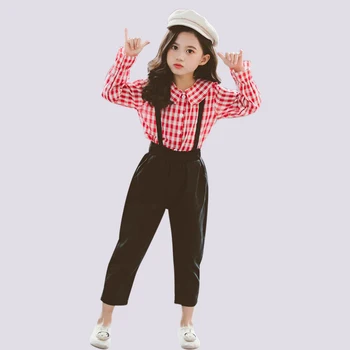 

Kids Clothes Plaid Shirt & Jumpsuit Girls Outfits Flare Sleeve Suits Girl School Autumn Casual Children's Suits For Teen Girls