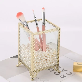 

Houseables Makeup Brush Holder, Cosmetic Organizer,Brass Jar, Glass Panels, Decorative Vanity Storage Au13 20 Dropship