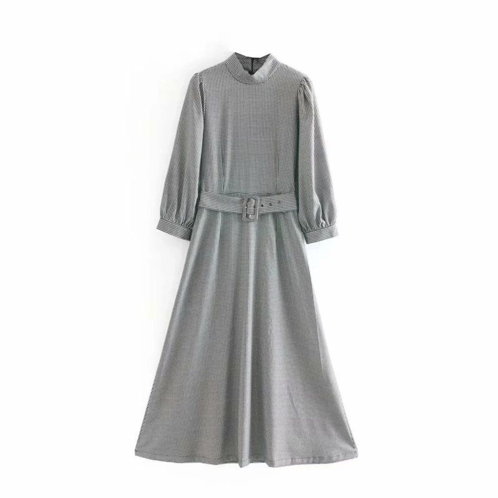 ZA клетчатое длинное платье для женщин воротник-стойка пушистый рукав пояс молния сзади элегантное темпераментное осенне-зимнее платье - Цвет: 01