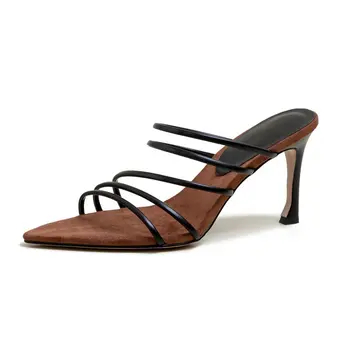 

New Women Slippers Pu Leather 8cm High Heels Slipper Open Toe Women Sandals Black Blue White Ladies Casual Shoes Woman