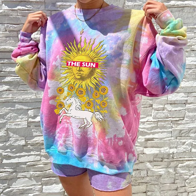 

New Oversized Hoodies Women Tops Letter Print Tie Dye Gradient Sweatshirt Winter Warm Streetwear Pullovers Punk Graphic Hoodies