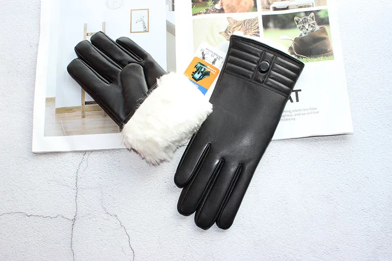 Winter Thickened Warmth Touch Screen Sheepskin Gloves Female Leather White Rabbit Fur Lining Outdoor Windproof Increase Finger