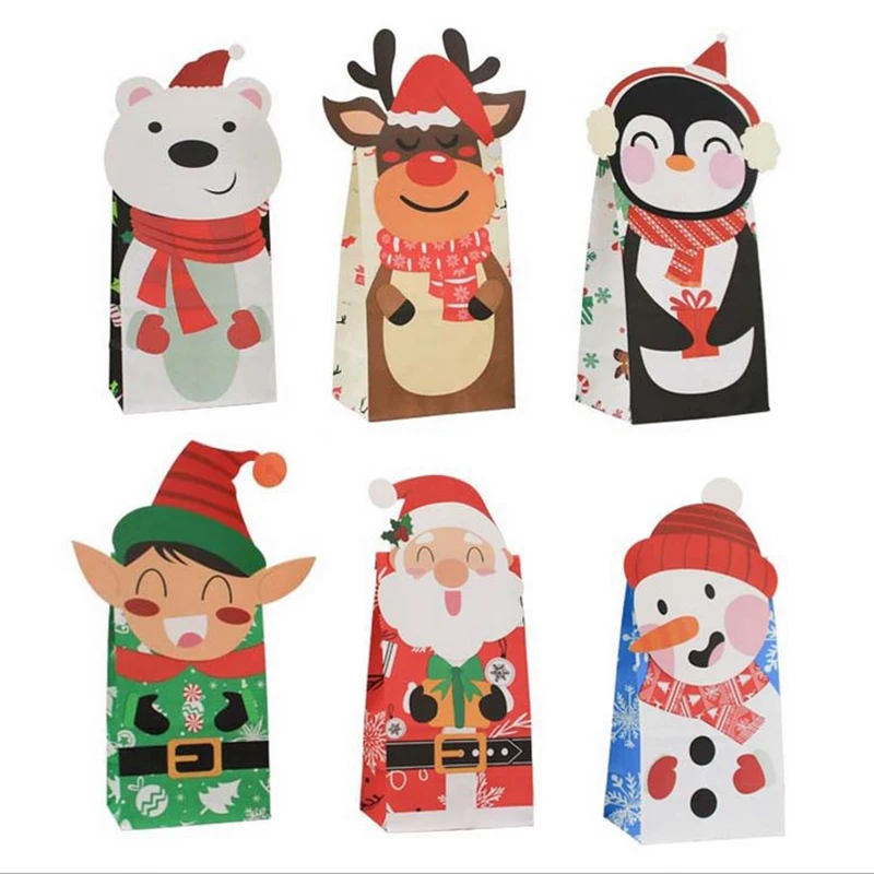 

6/12pcs Christmas Gift Bag Kraft Paper Candy Cookies Bag With Sticker Santa Claus Food Packing Bags Xmas Birthday Party Decor