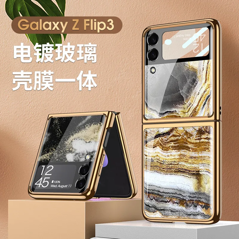 

Гальванизированный стеклянный мраморный чехол для Samsung Zflip3, двойная крышка, складной экран, простой модный полноразмерный
