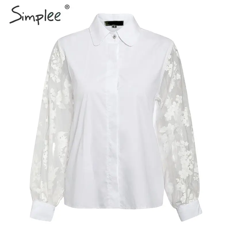  Simplee Elegant pearl mesh blouse shirt women Puff sleeve female white top shirt Spring white casua