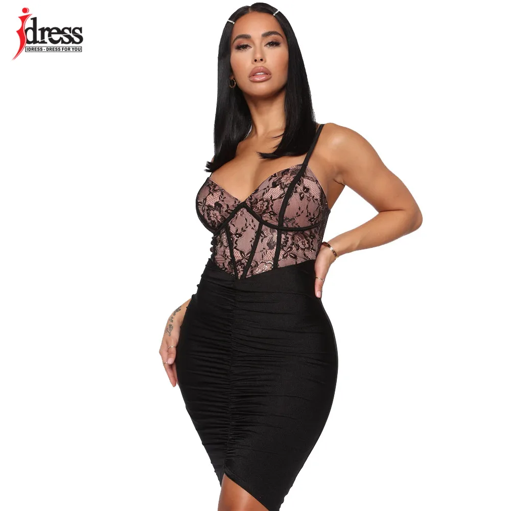 IDress Lace Patchwork Ruched Dress Summer Mini Dress Woman Sling Bra Night Club Sexy Robe Femme  Straps Party Bodycon Dresses (5)