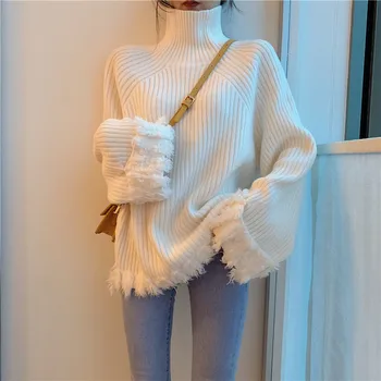 

[EWQ] 2020 Autumn New Pattern Turtleneck Solid Knitting Tassel Pullovers Casual Warm Sweater Women Fashion Tide AH26701