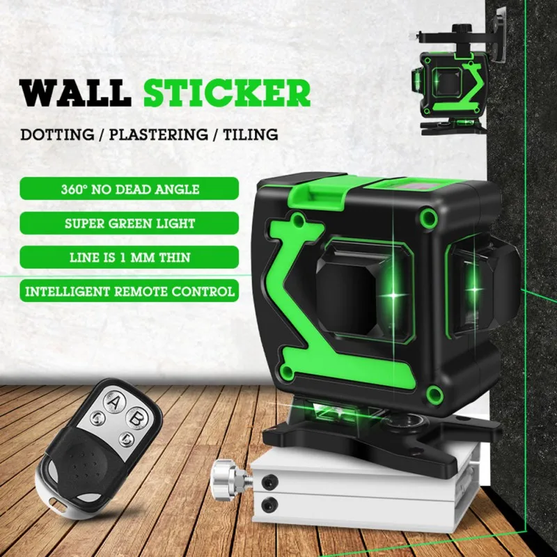 

Laser Level 12 Lines 3D Green Beam Self-Leveling 360 Horizontal And Vertical Cross Line Laser With Stand And Remote Control