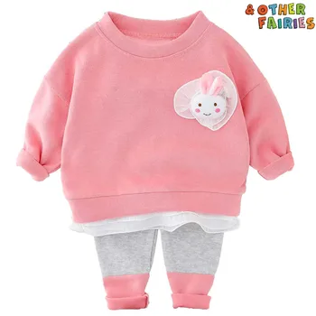 

New fashion baby girl clothes cotton two-piece suit long-sleeved lace cartoon cute rabbit clothes casual sports baby suit