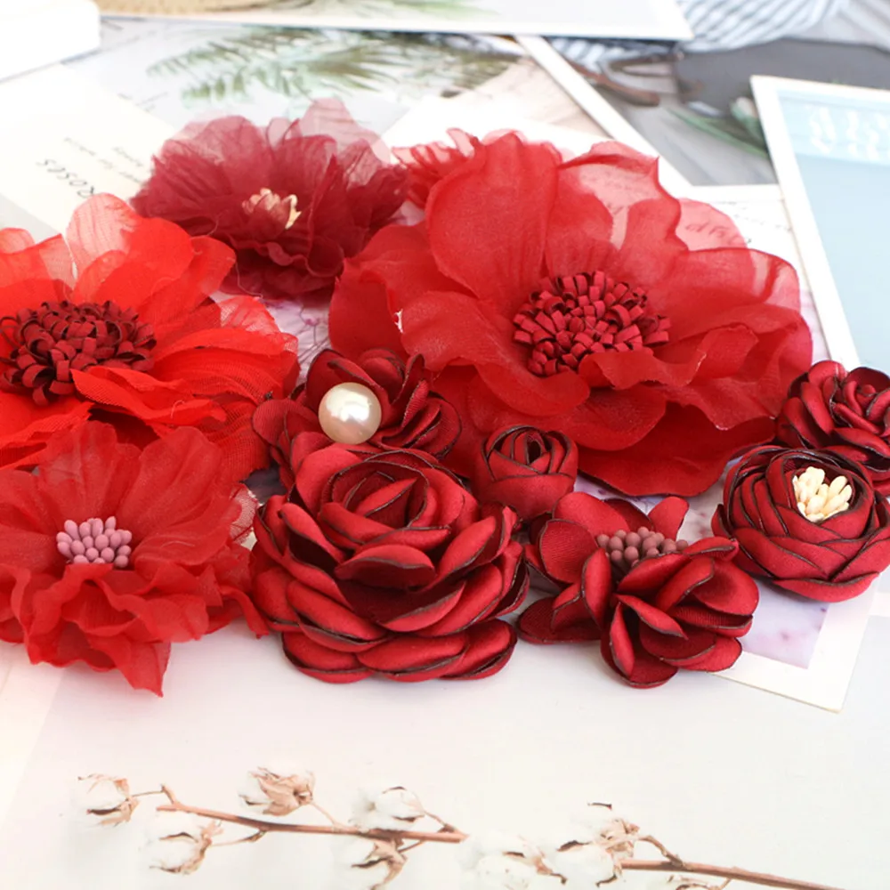 Elegant Red Chiffon Rose Camellia Flowers - Set of 10 for Weddings and Dress Embellishments