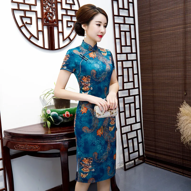 Иллюзия молния китайский классический принт цветок Qipao женский элегантный Cheongsam воротник стойка тонкое платье M-4XL