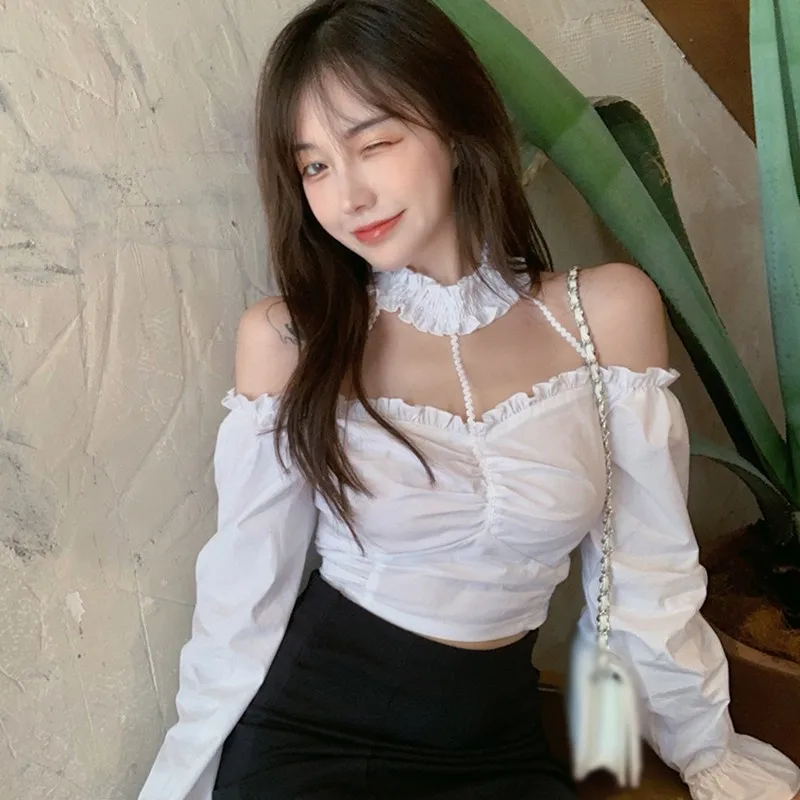 Korean Off Shoulder Blouse Women Fashion Solid Color Long Sleeve Blouses Exposed Navel Short Shirt