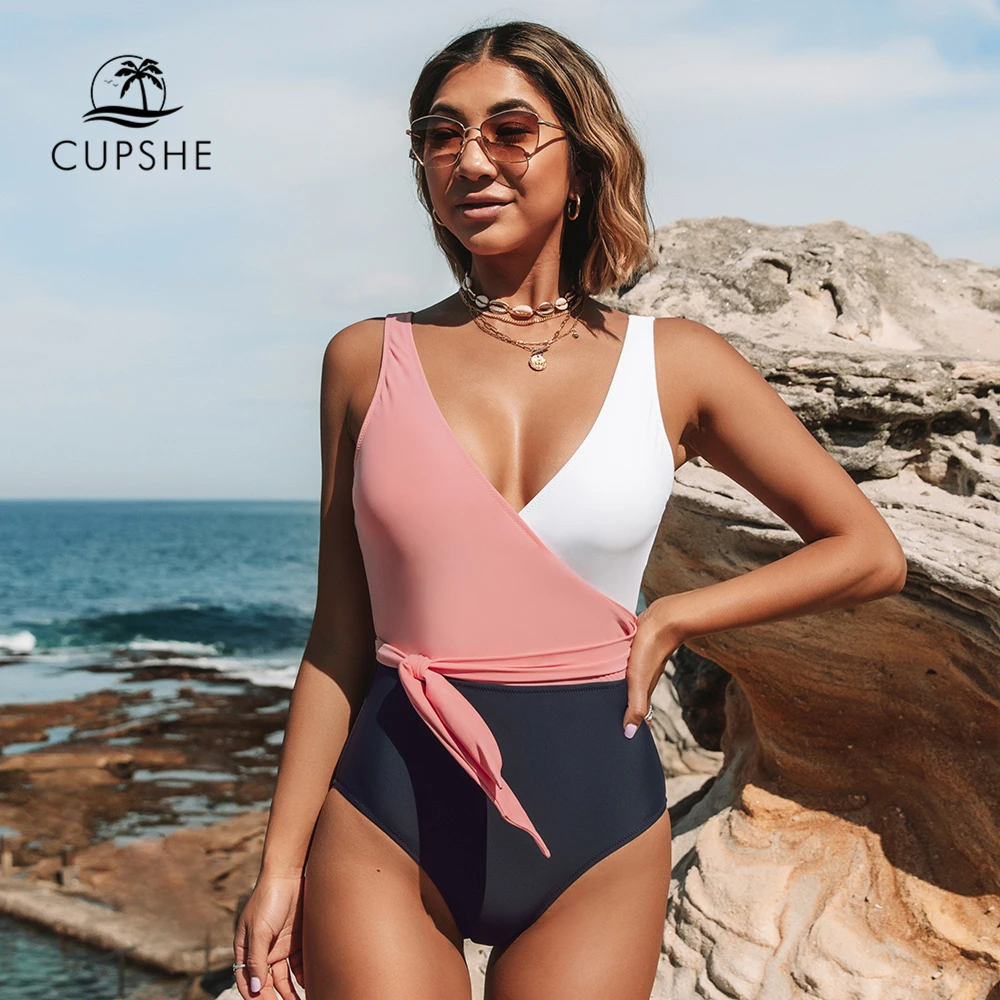 Cupshe V neck Lace Up One piece Swimsuit Sexy Pink White Colorblock 