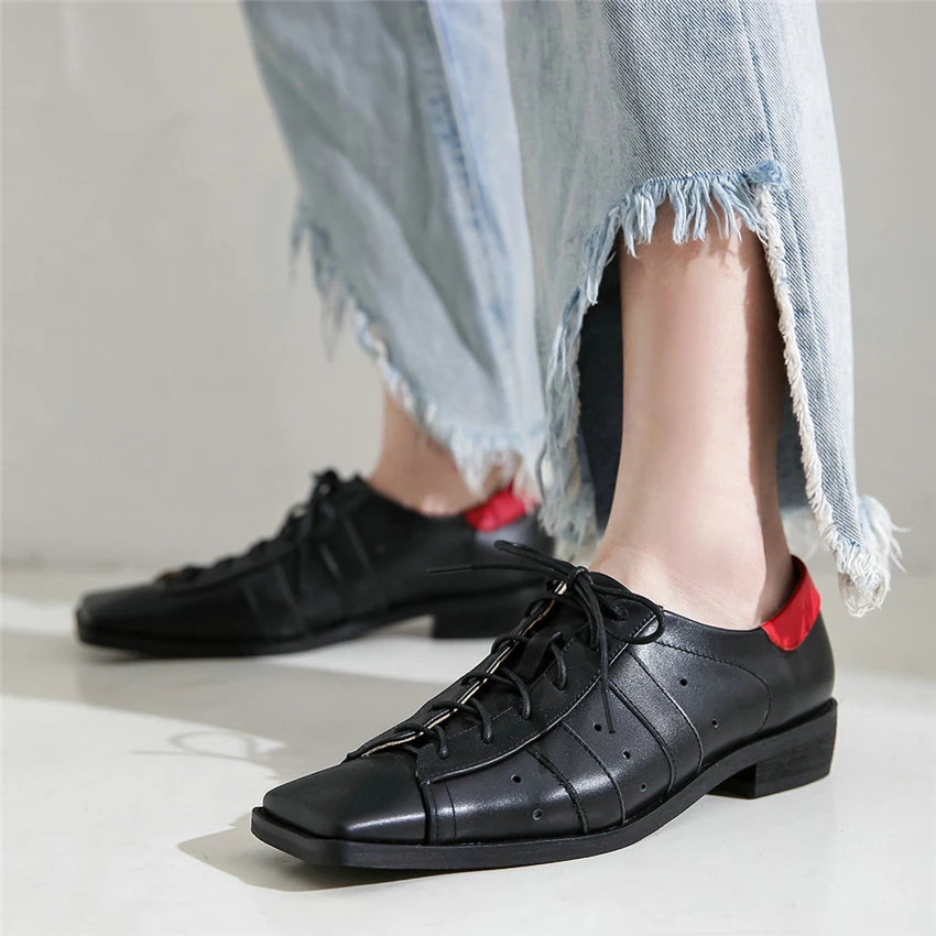 Zapatos casuales de mujer con cordones de cuero genuino plataforma de tacón bajo fiesta bombas bajos puntera cuadrada mocasines Lady Ofice Zapatos elegantes|Zapatos de tacón mujer| - AliExpress