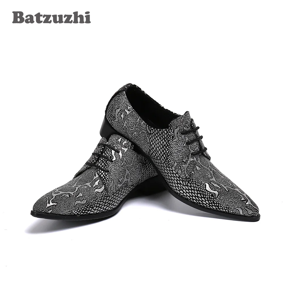 Batzuzhi Dark Grey Leather Dress Shoes Men Fashion Shoes Men Pointed Toe  Lace-up Leather Business Shoes for Men,Big Sizes US6-12