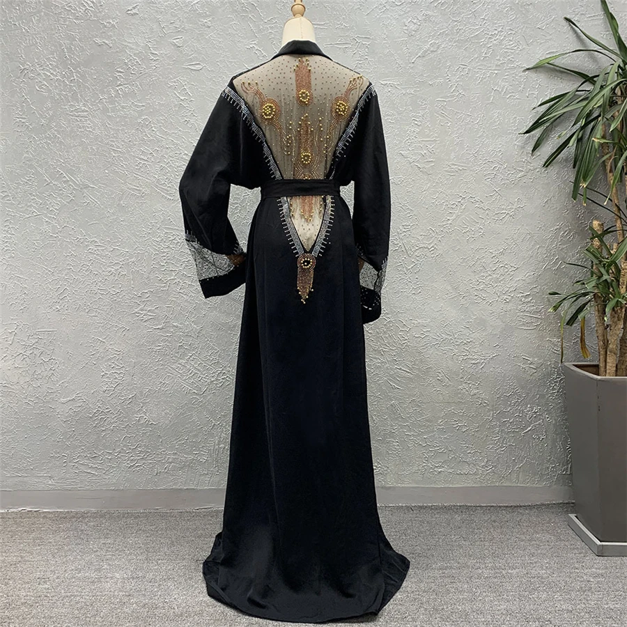 BAIBAZIN Muslim African Women's Cardigan Robe Fashion Mesh Splicing Rhinestone Loose Bat Long Sleeve Skirt