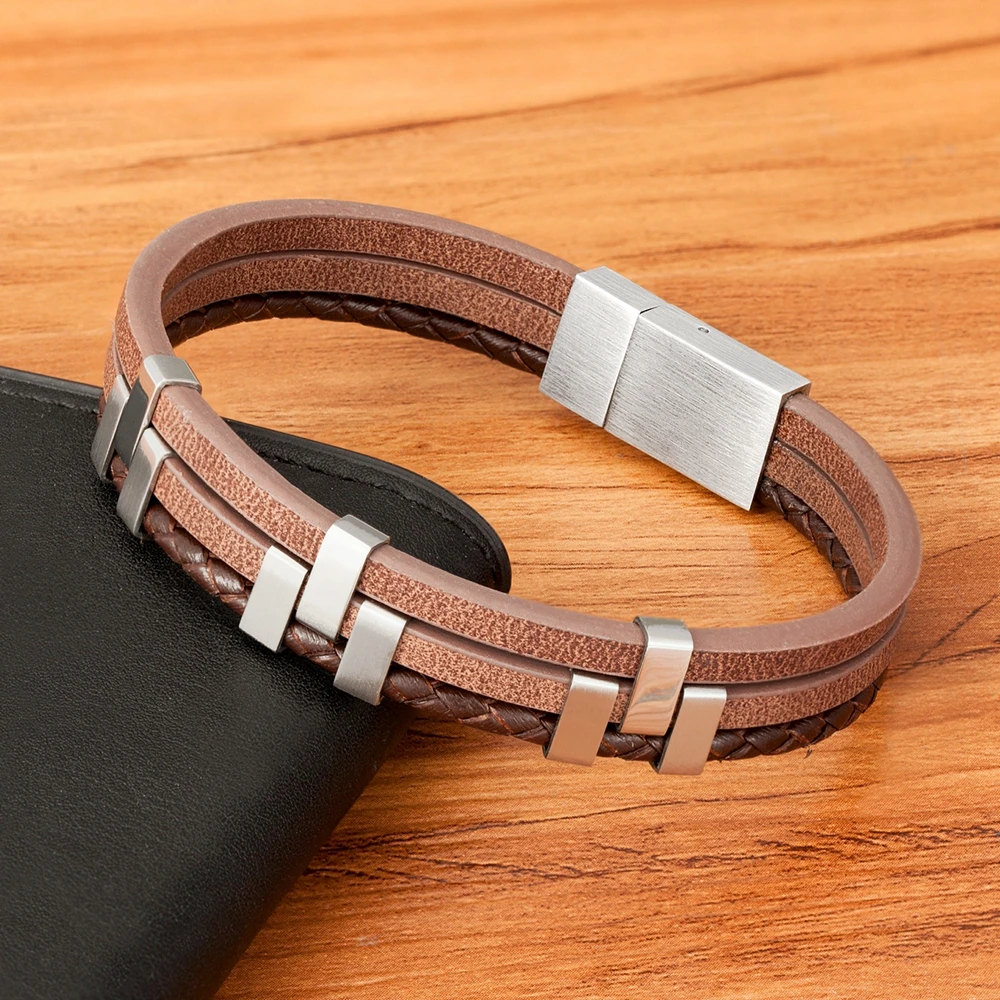 Stainless Steel Men's Leather Bracelet Three-Layer Stitching Accessories Black Brown Blue Color Advanced Design Style Gift