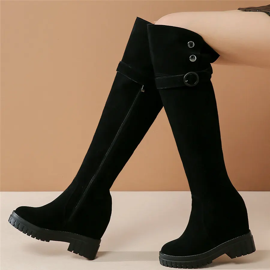 

Thigh High Platform Pumps Shoes Women Black Genuine Leather High Heel Knee High Boots Female High Top Round Toe Fashion Sneakers