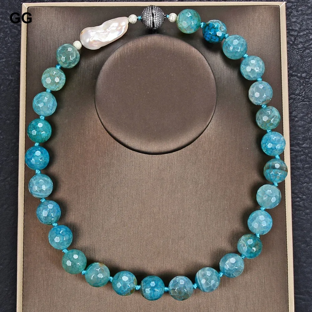 Guaiguai Jewelry 19 16mm Blue Agate Gems Stone Natural White Keshi 