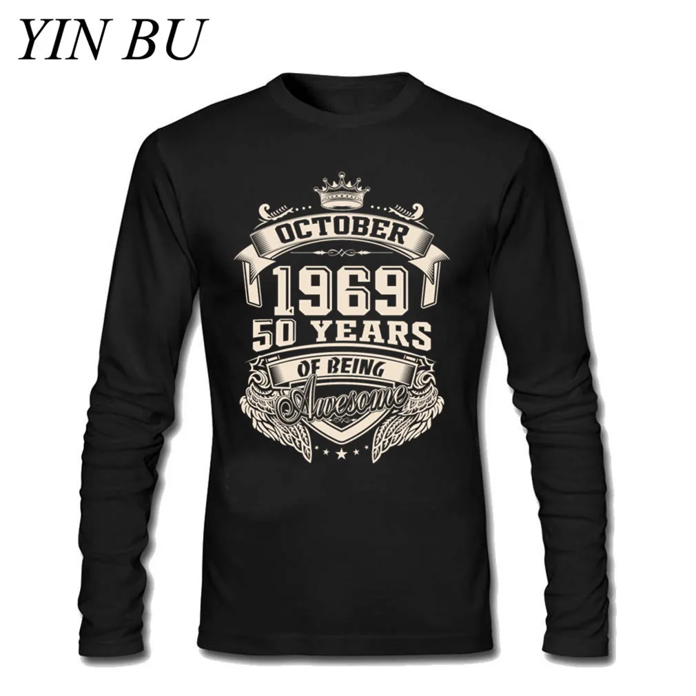 

Born In October 1969 50th Birthday Gift Ideas Tshirt Boy Long Sleeve Mens T Shirts Cool Shirt Men's Crewneck Tshirt Casual