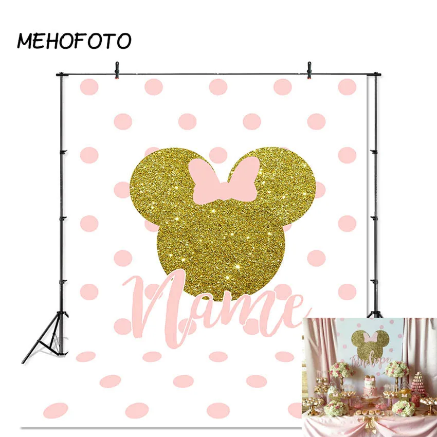 

Minnie Mouse Backdrop Baby Birthday Party Banner Photography Background Pink Bow Wave Point Decoration Photobooth Custom