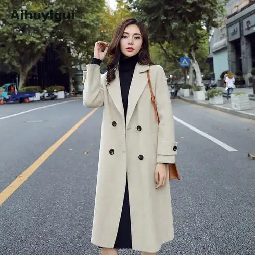 

Aihuyigui 2019 Autumn Winter New Korean Women Black Woolen Coat Female Long Slim Thick Woolen Trench Blend Wool Coat Mujer Ka39