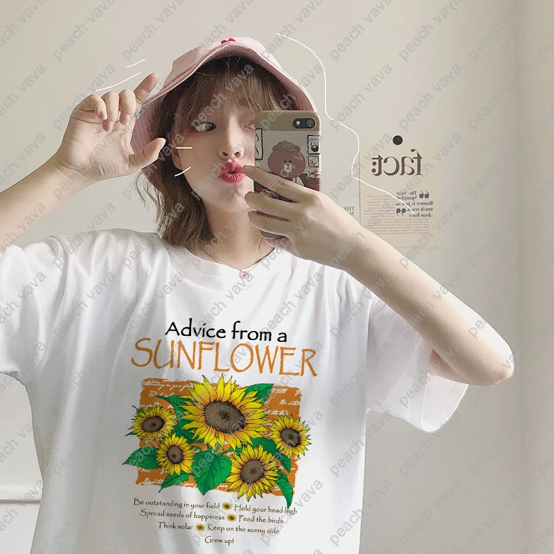 Летние литературные топы с изображением подсолнуха Ulzzang Harajuku Повседневная