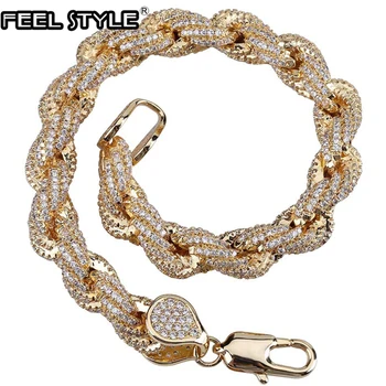 

Hip Hop Bling Iced Out Twist Rope Chain 8MM Micro Pave CZ Stone Bracelet Rapper Round Chokers For Men Women Jewelry Dropshipping