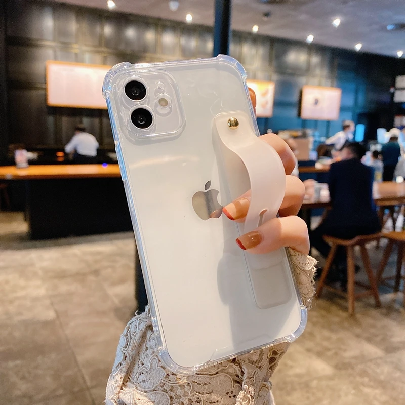 thumbnail image 1 of Soft Wrist Strap Phone Case For iPhone 11 12 13 14 Pro Max X XR Xs Max 7 8 Plus SE 2020 Mini Kickstand Transparent Bumper Cover, 1 of 5