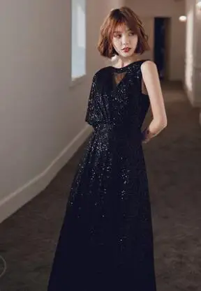 Черный Вечернее платье на одно плечо без спинки Foemal платье Sequin длина до пола Robe De Soiree K007 o-образным вырезом Половина рукава вечерние платья - Цвет: Черный