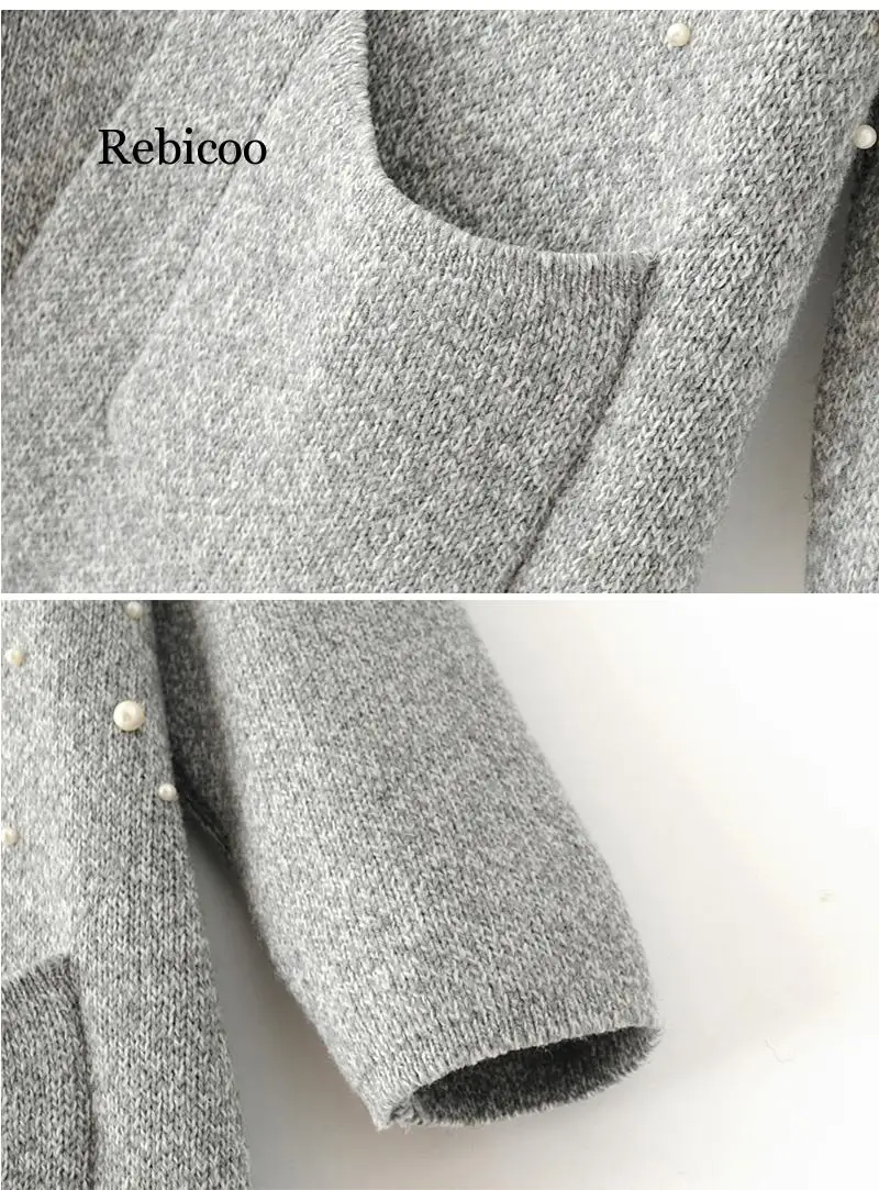 Long Pearl Cashmere Cardigan Sweater Women Wool Long Sleeve Open Stitch Knitted lady's Sweater Cardigans V neck Jacket Coat