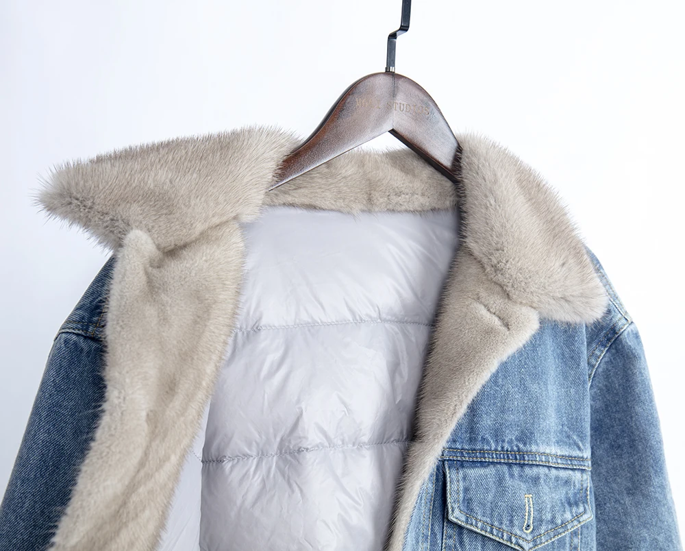 Настоящая норковая шуба джинсовая куртка с мехом и подкладкой из белого утиного пуха зимнее пальто для женщин размера плюс Повседневная Роскошная Одежда