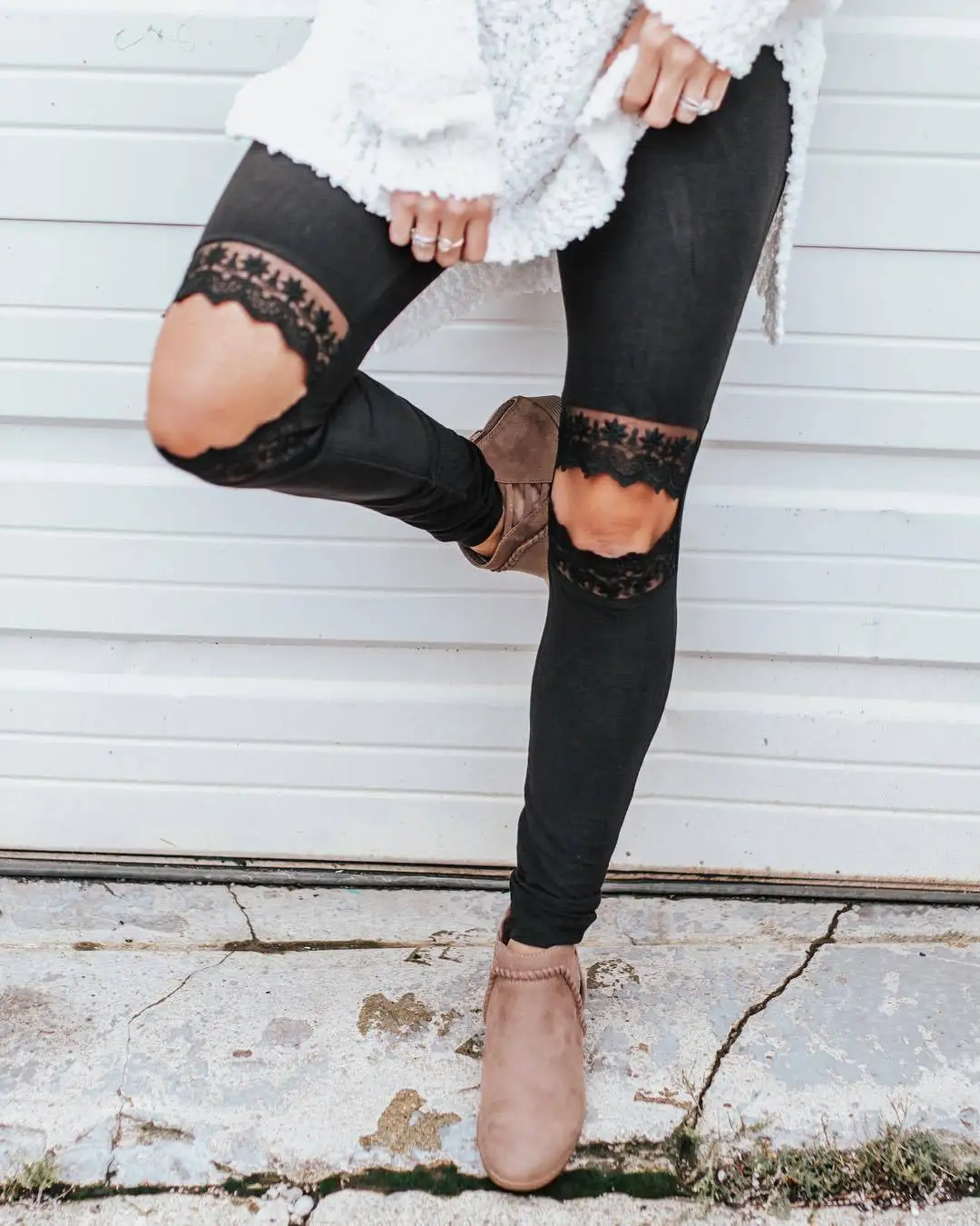 

Women Sexy Slim Lace Knee Hole Pants 2019 Spring Fashion Mid Waist Pencil Pants Ladies Casual Solid Black Trousers Plus Size