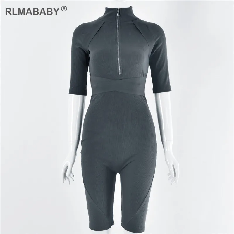 RLMABABY, повседневная спортивная одежда, Комбинезоны на молнии, женский комбинезон, высокая горловина, половина рукава, бодикон, короткие комбинезоны, ребристый хлопковый комбинезон - Цвет: Grey Playsuit