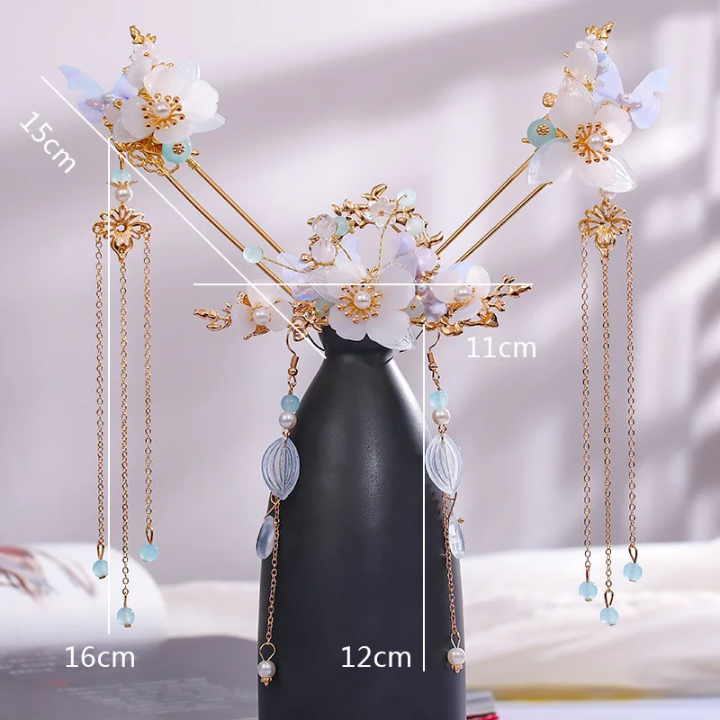 Hair accessory Chinese Hanfu long fringed vintage hairpins flower handmade hair sticks women traditional retro jewelry set