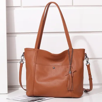 

Women's Large Capacity Genuine Leather Handbags and Shoulder Pockets 2019 Autumn New Trend Style Lady's Soft Casual Big Handbags