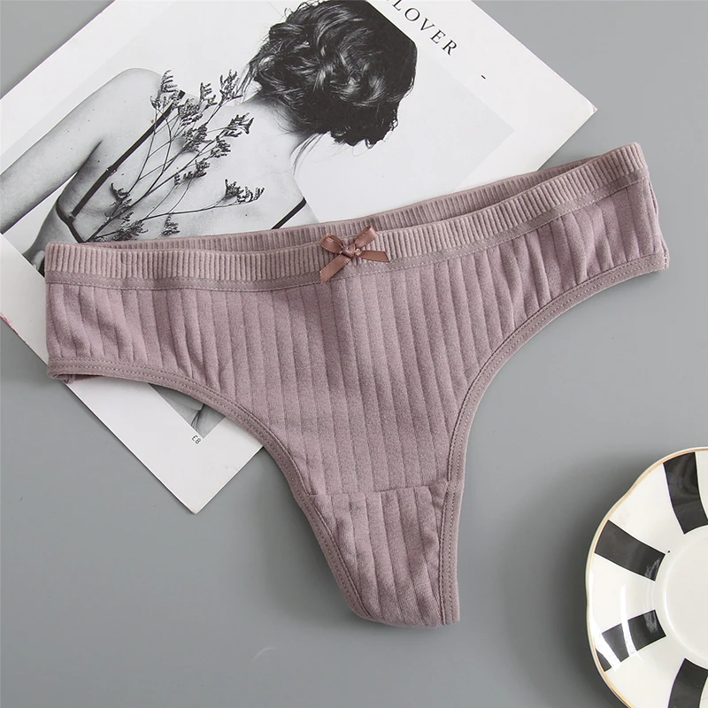 Женский однотонный стринги со средней посадкой, нижнее белье с бантом, трусики из хлопка с вертикальной вязки, стринги из хлопка, дышащие, Т-образные, 20 - Цвет: 4