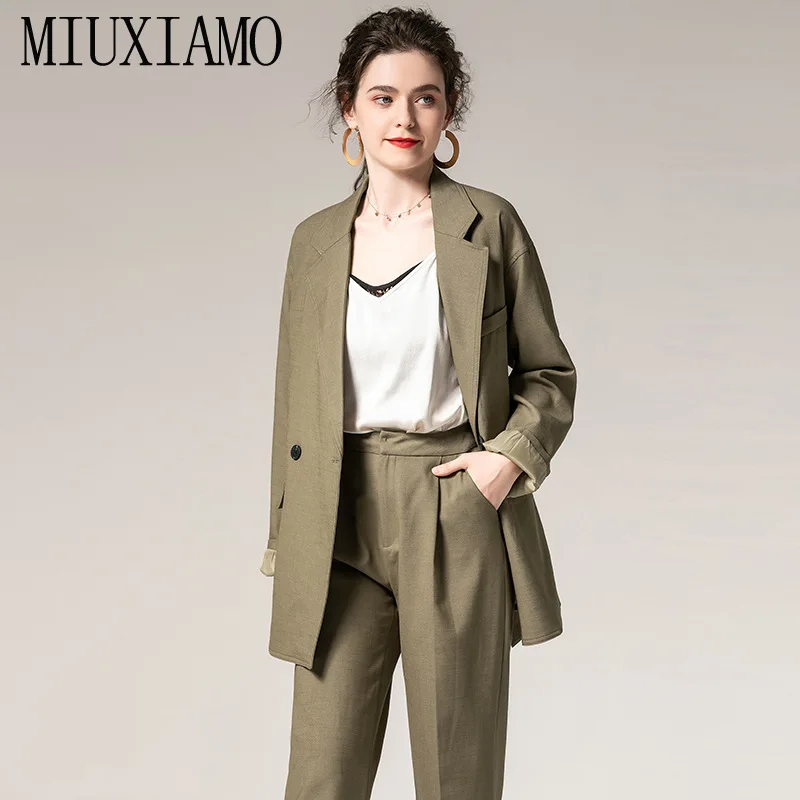 

MIUXIMAO 2019 Fall Suit Sets 2 Piece Fashion O-Neck Full Sleeve Slim Jacket +Cotton Elegant Winter Jumpsuit Vestidos With Belt