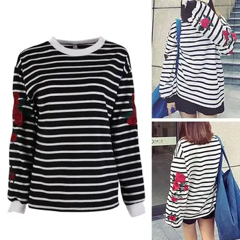 

Fashion Floral Embroidered Striped Bat Sleeve Sweatshirt Fall Women Loose Pullover Sweatshirts