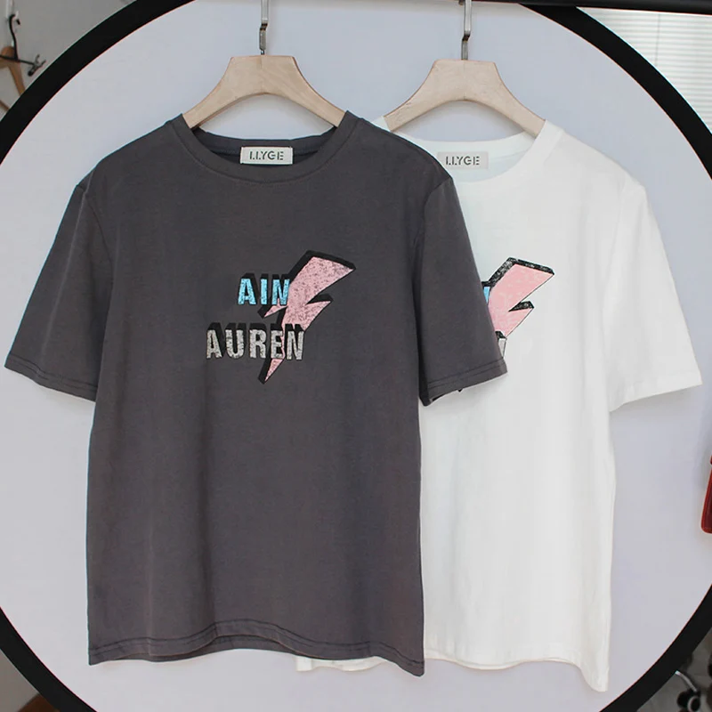 Online 100% delle Donne del Cotone Manica Corta T Shirt Top O Collo Nero Bianco Della Stampa Della Lettera T Shirt Femminile 2019 di Estate Della Signora Tee Magliette e camicette IN MAGAZZINO