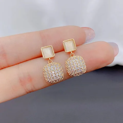 Micro Set Zircon Geometric Opal Square Girl Earrings Korean Mini Exquisite Jewelry Fashion Luxury Accessories For Woman
